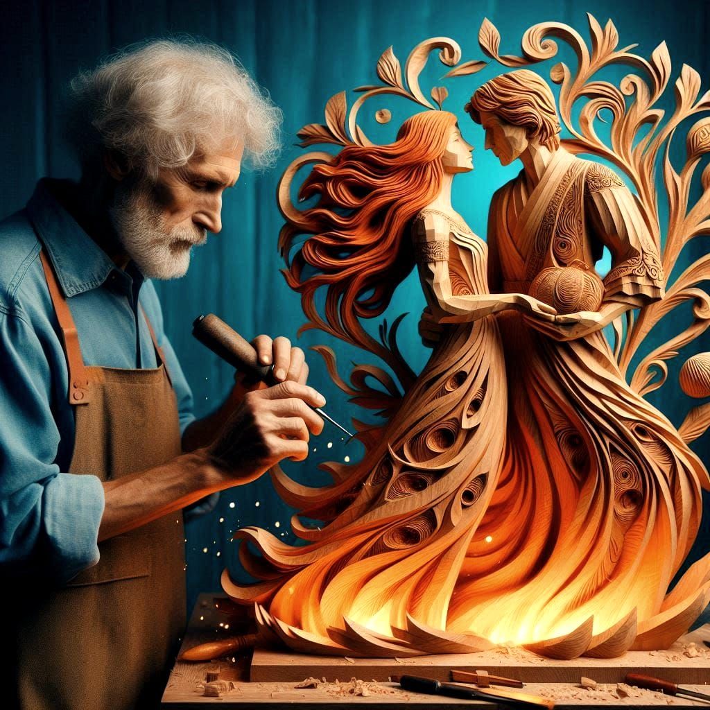 wooden carve sculptur - love-coupöe 4