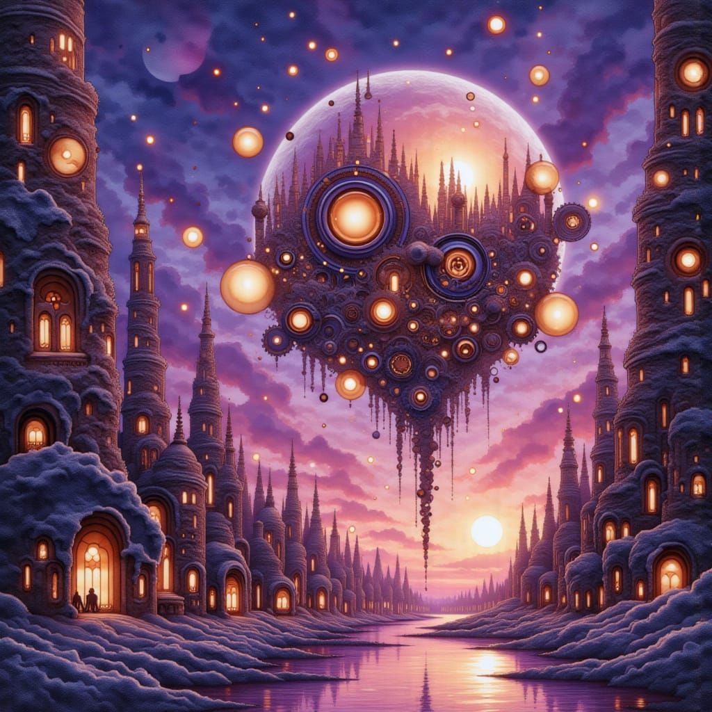 <lora:NC Coffee Stain-DE:1.0> A surreal clockwork city floats amidst a vibrant, alien sky, powered by intricate, glowing orbs. Robotic fauna...