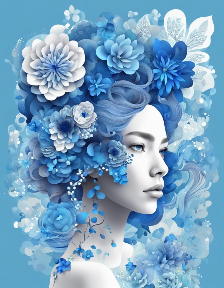 Abstract collection of illustrations of women painted entirely in blue. Their faces, hair, skin, eyes, ...  by @esmirquinn