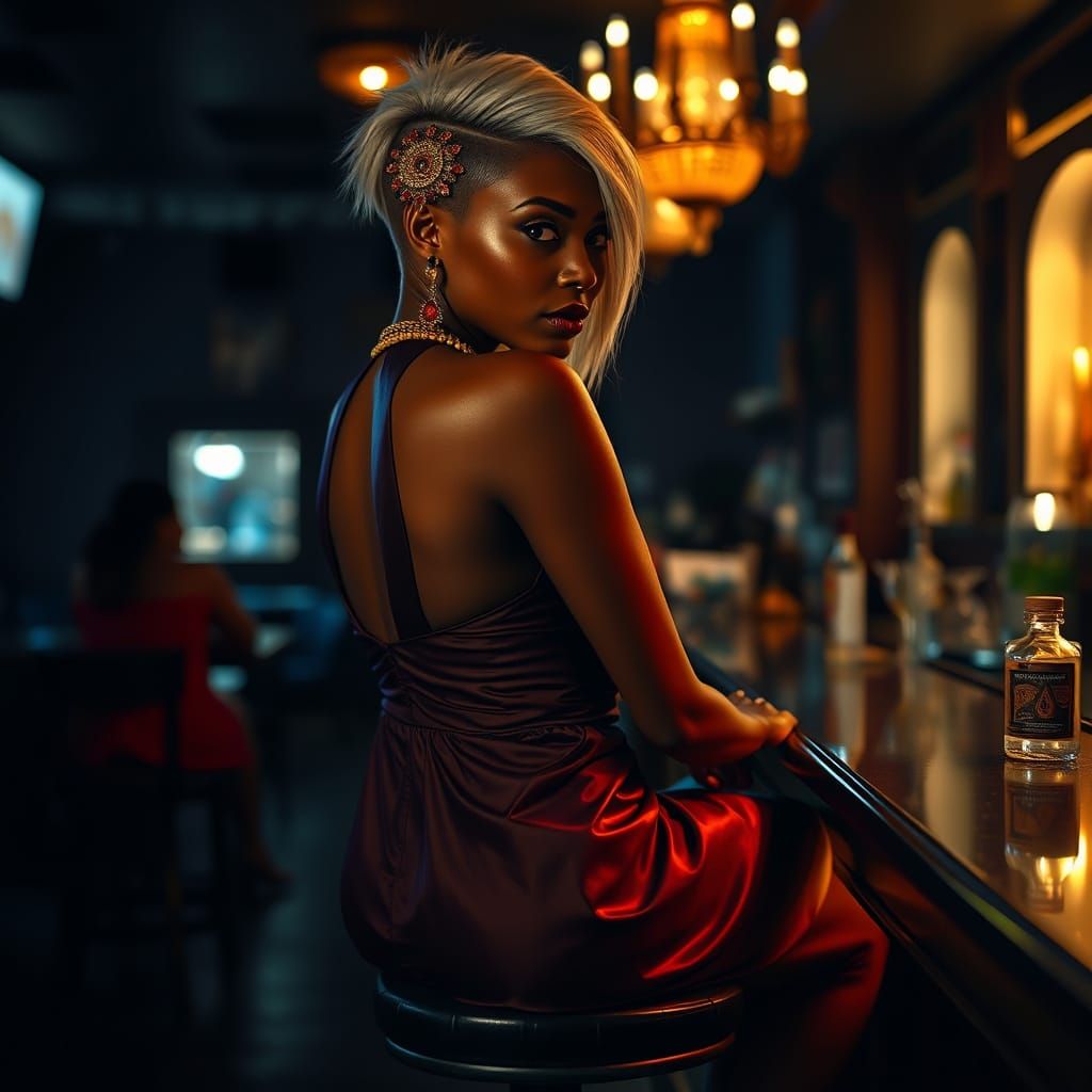 Young Woman in Dim Bar, Alluring Gaze, Platinum Hair