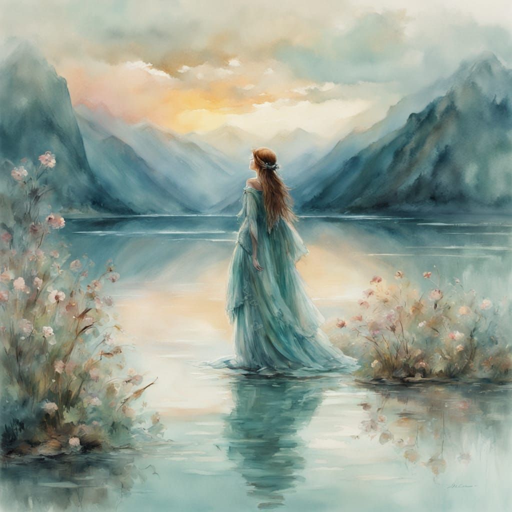 jb waterhouse watercolor carne griffiths hyperdetailed composition shimmering turquoise glacial lake ...  by @-jul2910-