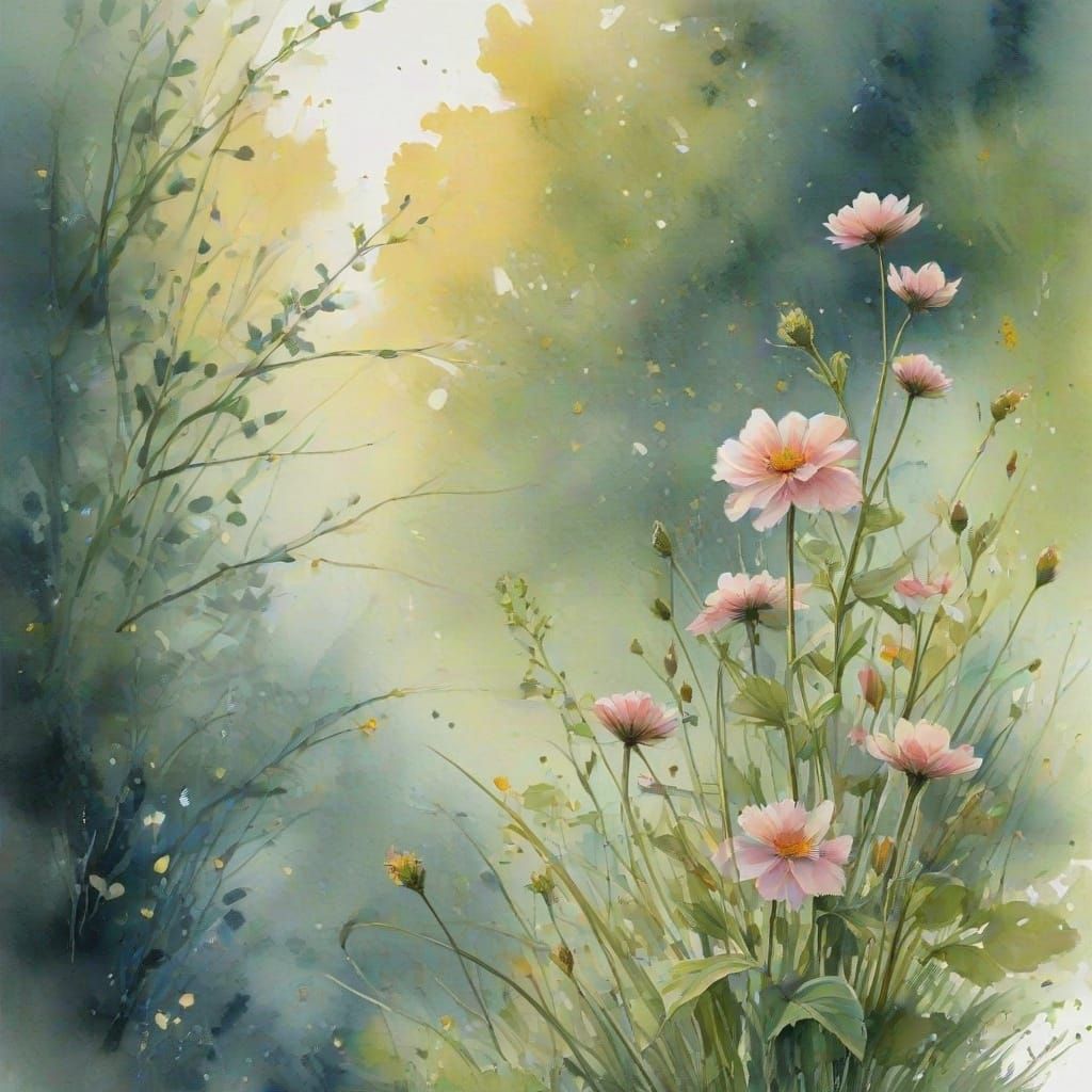 Blumenlandschaft, Aquarell Stil, weiche Pinselstriche, Pastellfarben  by @Mona