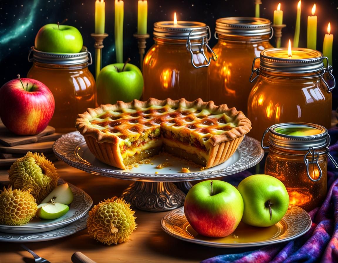 Surreal Apple Feast with Cosmic Honey and Bees