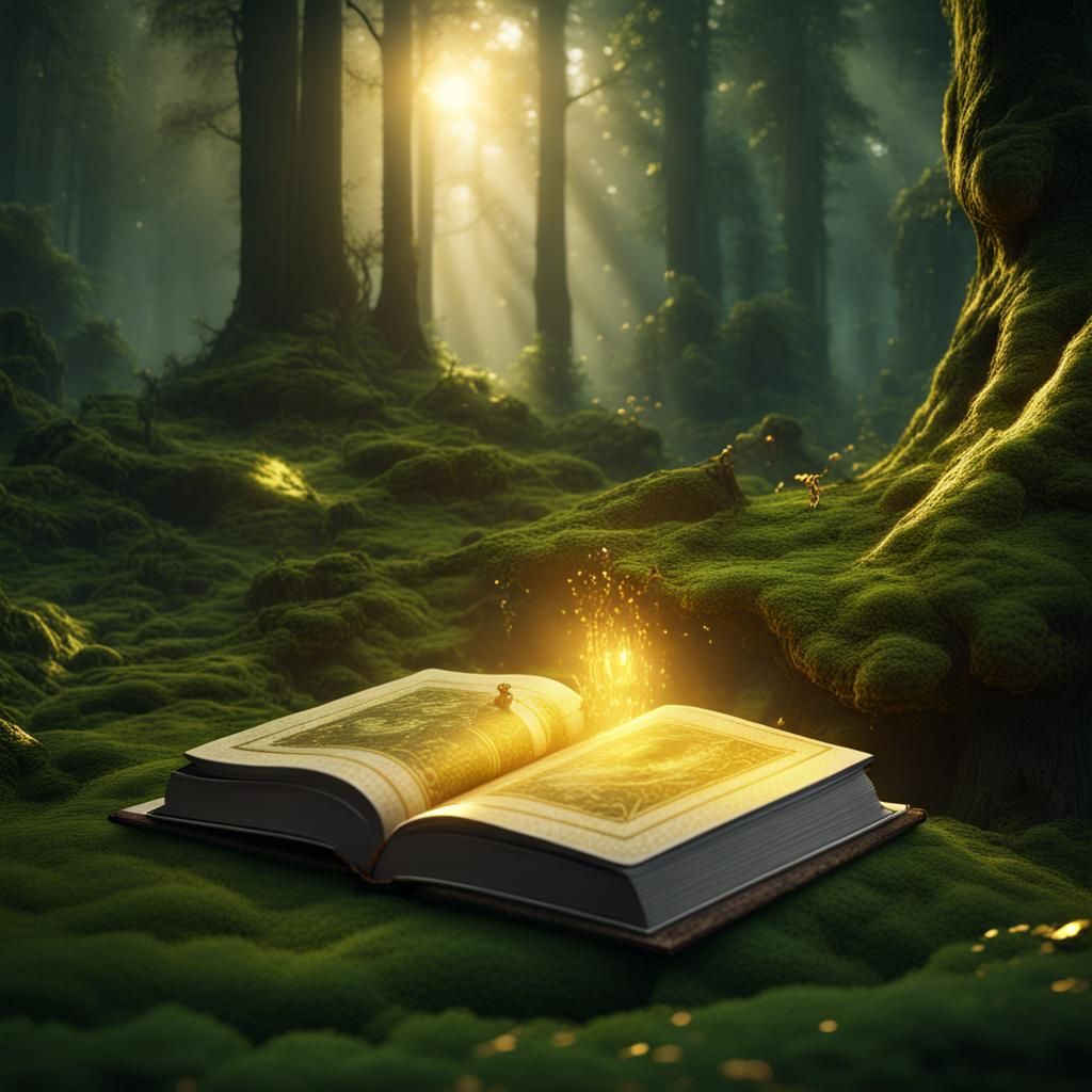 A book with a lush green forest, coming out of it, and a gold glow around the book  by @Slothlady
