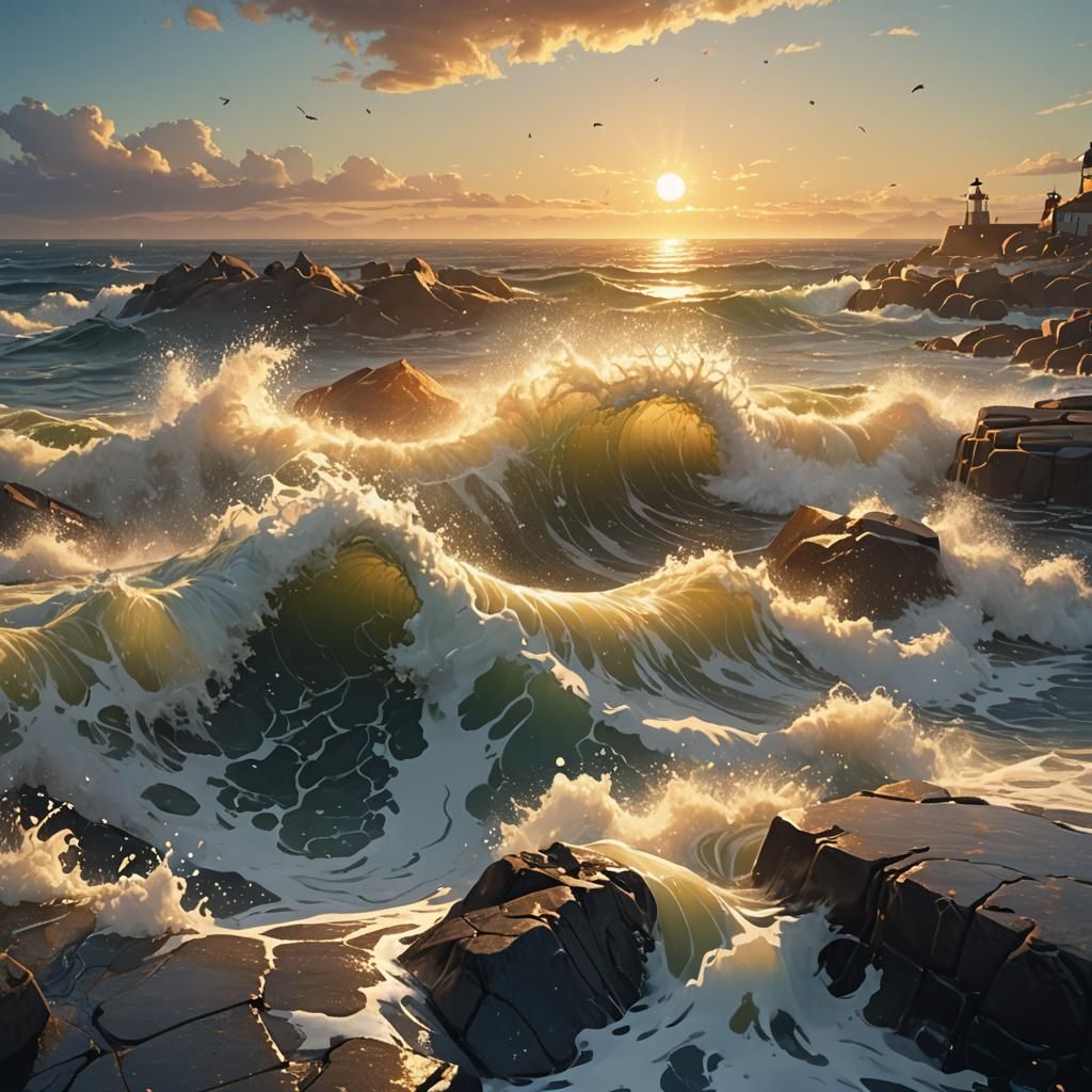Sunrise Waves on Breakwater in Fantasy Style