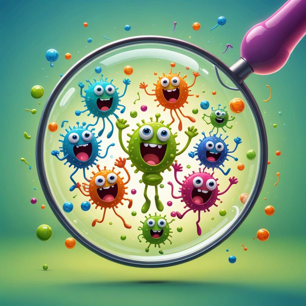 Silly Microbes Dancing Under Magnifying Glass