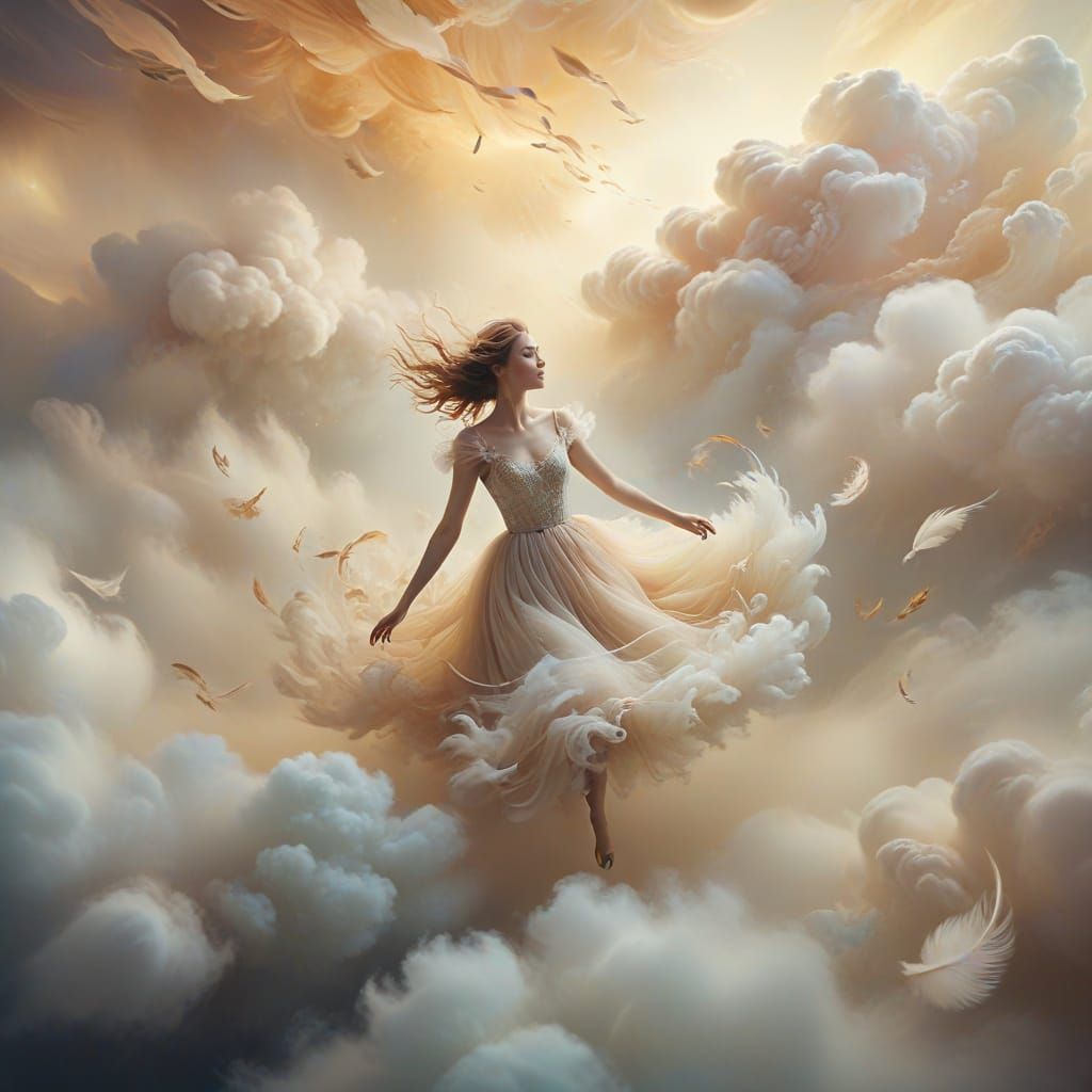 Whimsical Dreamer Amidst Swirling Clouds in Soft Pastel Hues