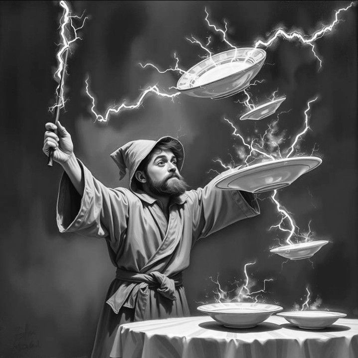 Levitating plates and dishes in the air covered in electrici...