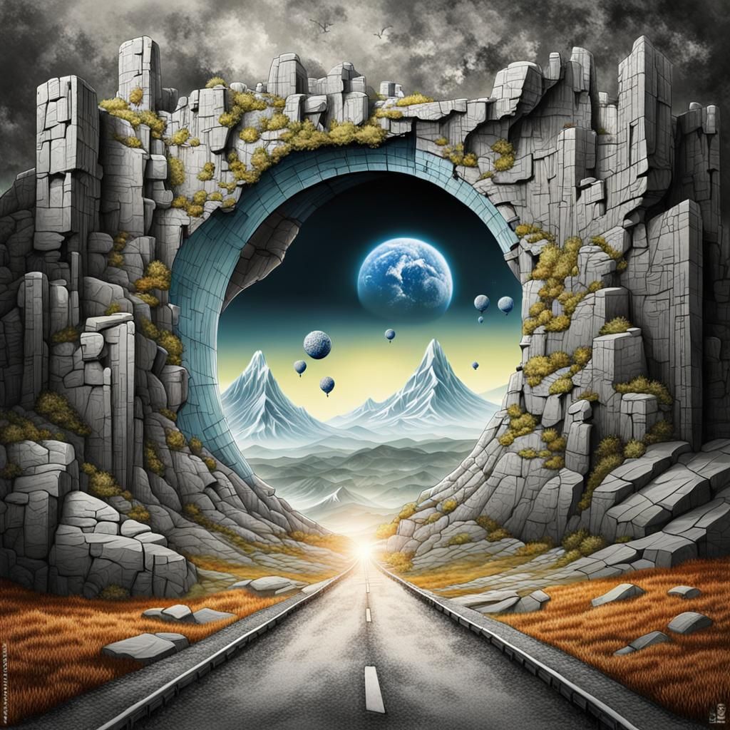 Eine Schotterstraße schlängelt sich durch ein Portal aus einer anderen Welt  by @EHACKMANN 