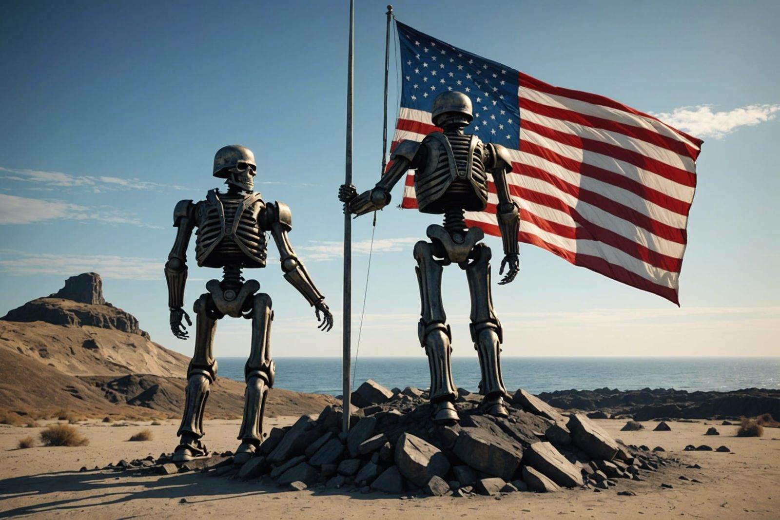 steampunk skeleton robot American soldiers raising the Ameri...