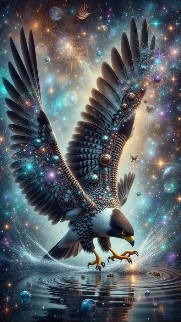 A magnificent peregrine falcon dives into a lake to catch a fish. Mystic Aura, ethereal. <lora:FiosMysticAura:1.0> ...  by @MeteorStorm2018