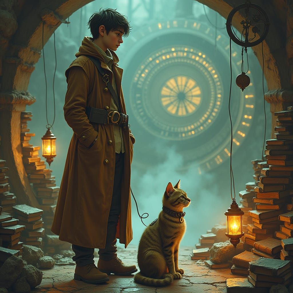 Time Traveler and Feline Companion in Industrial Futurism