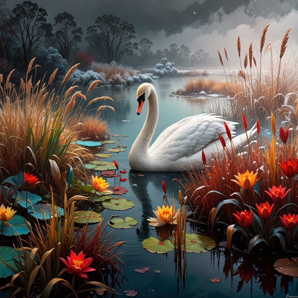 Swan on a lily pond