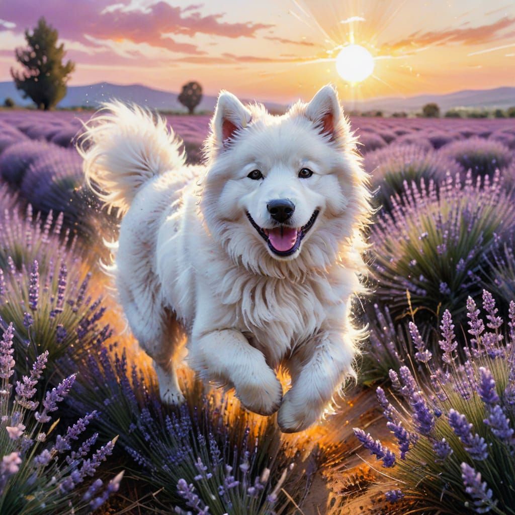Samoyed Dog in Lavender Field: Wet-on-Wet Watercolour