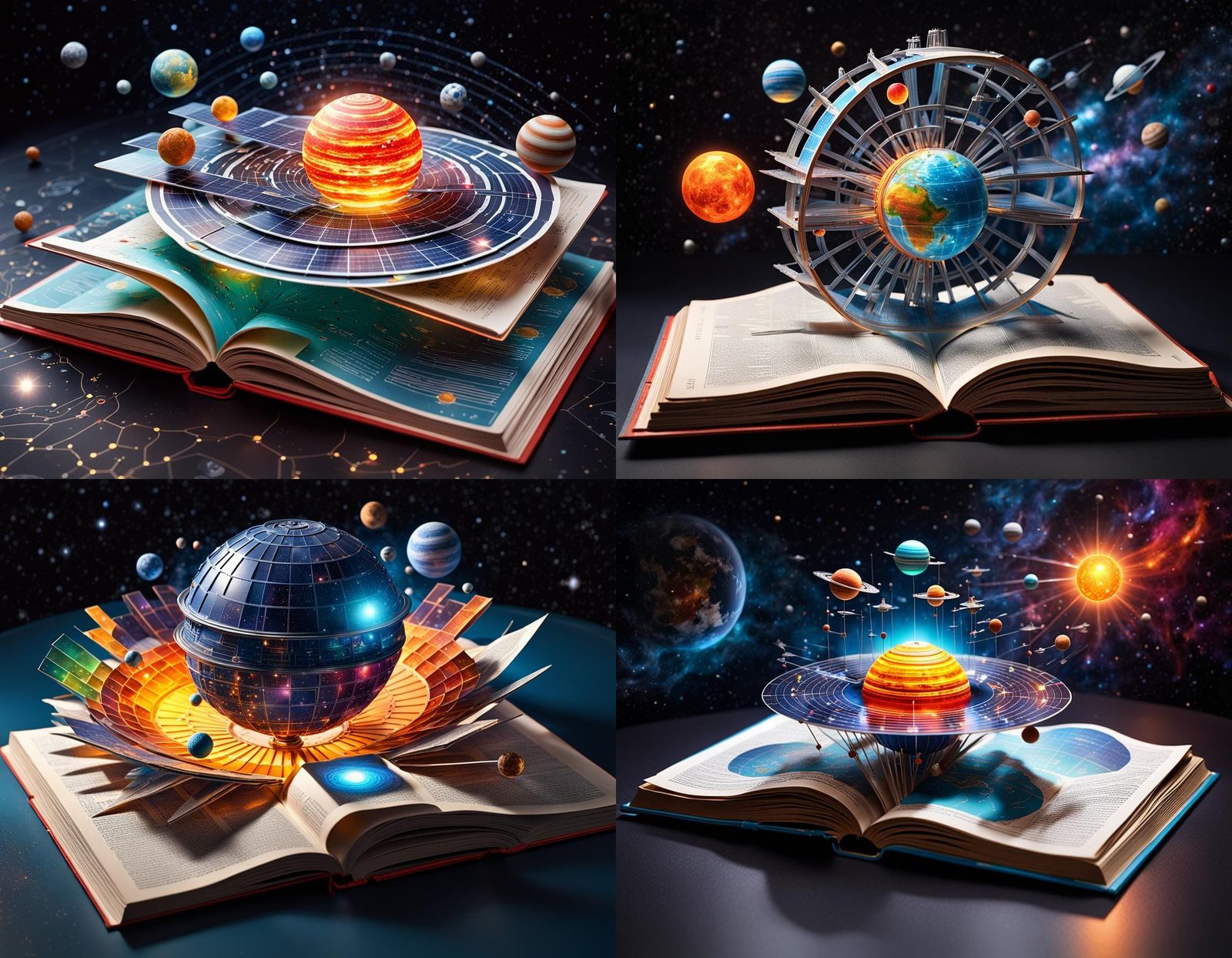 A pop-out 3D space solar sytem model unfolding from an old  science book with labels and bright colors. Science lab back...