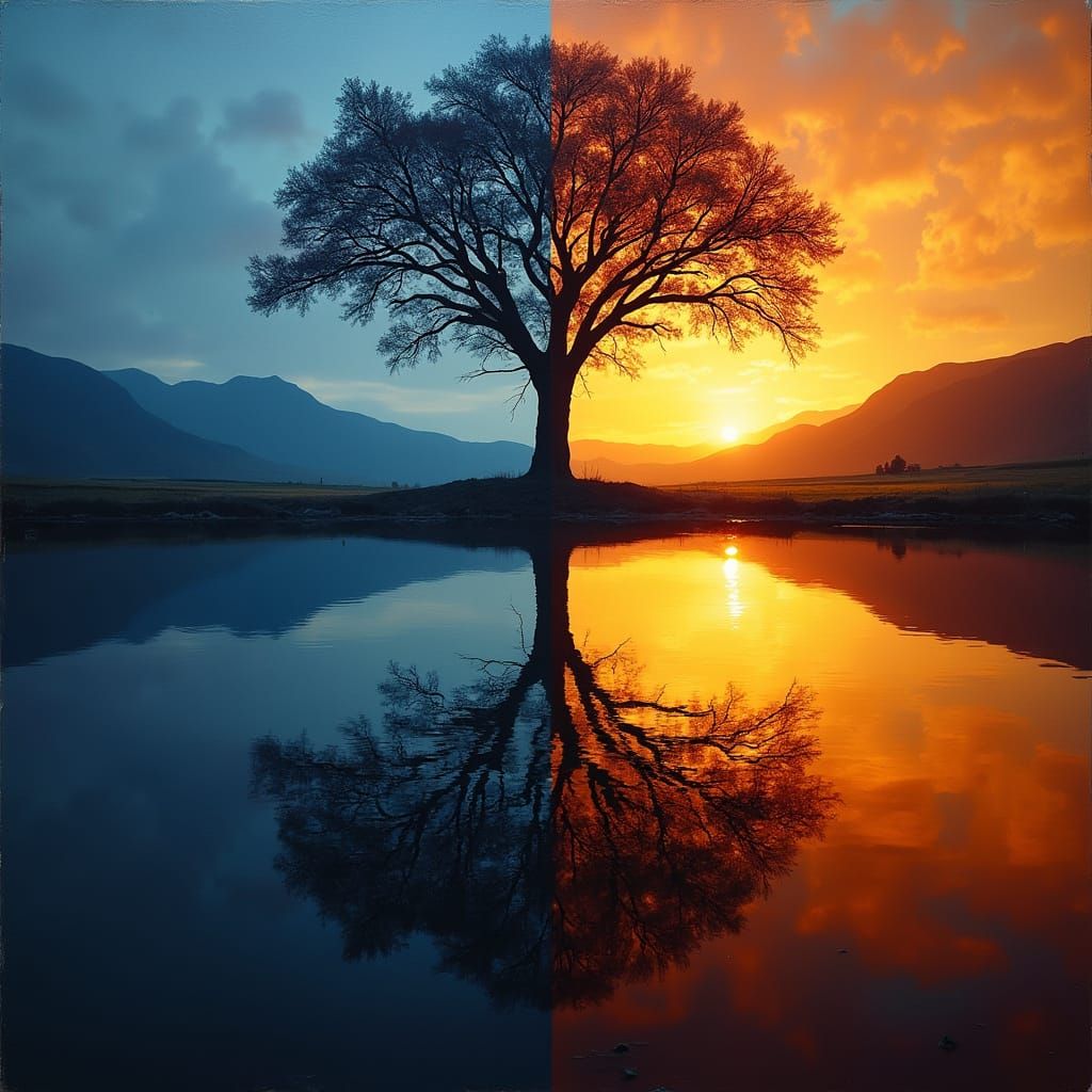 An image split in half horizontally, the form of a reflected tree, half in brilliant light, half in tenebrae shadow, dramatic high contrast ...