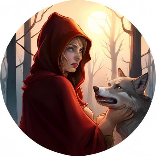 Little Red riding hood with a wolf, amazingly hyperdetailed,...