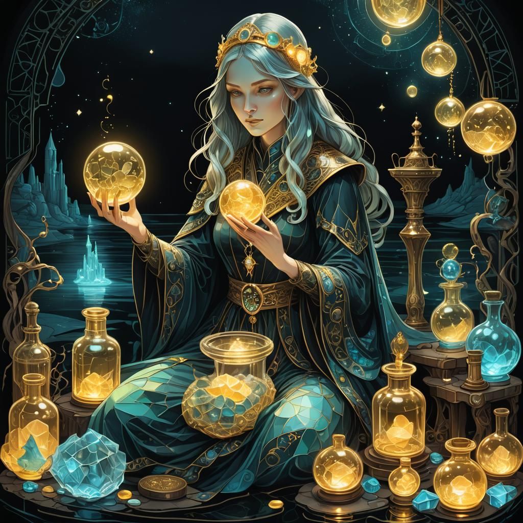 Translucent bioluminescent female alchemist holding the philosopher's stone and a glowing  gold brick on ...  by @POP WIZARD