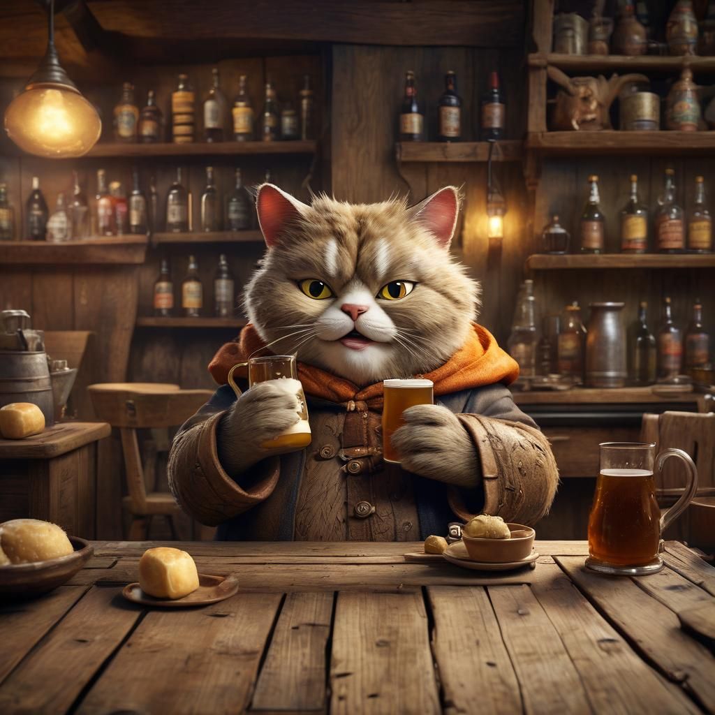 Fantasy Cat Caricature in Cozy Tavern Setting