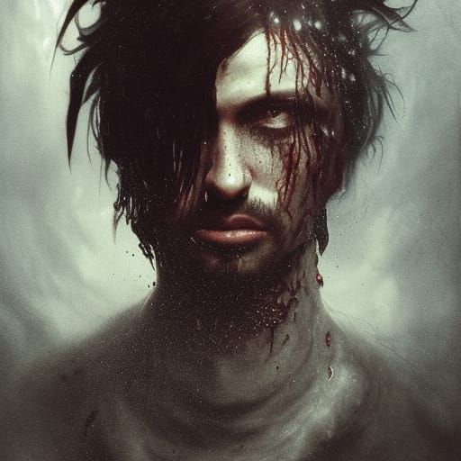 chopped flat; emo dark man; long brown hair; soft beard: wea...