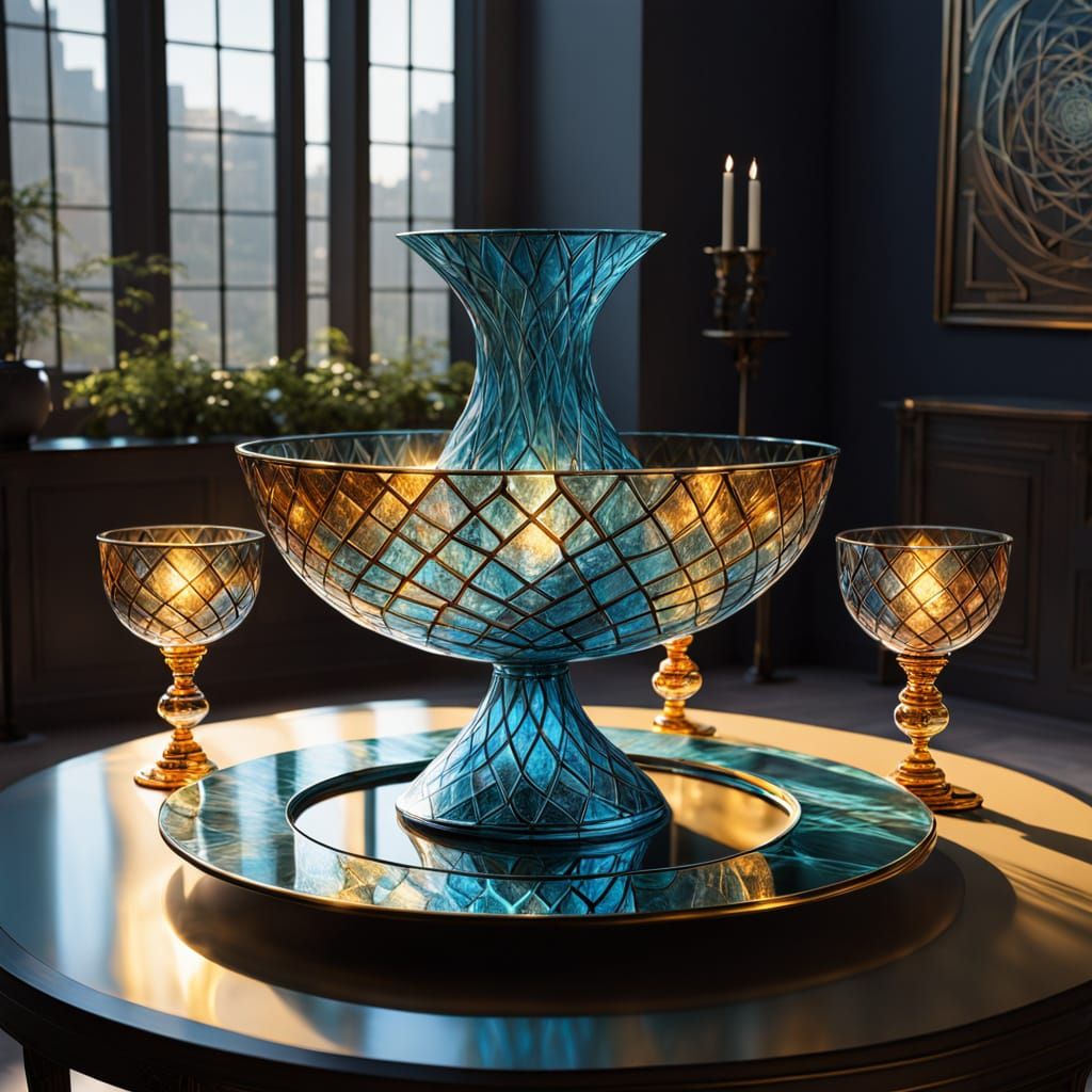 Elegant Glass Shabbat Table Sculpture in Warm Golden Hues