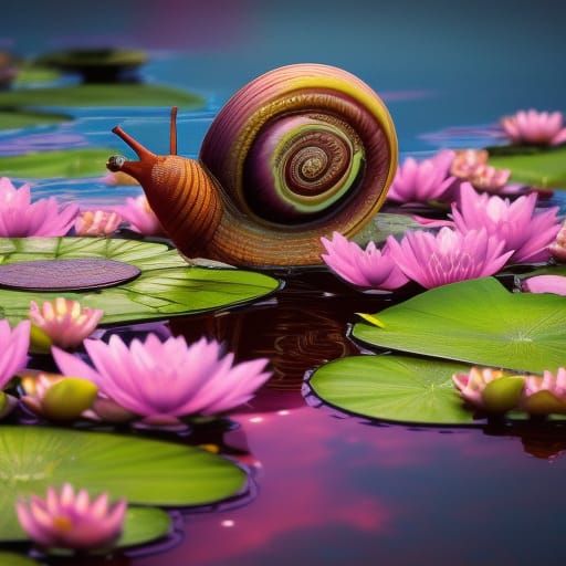 snail among blooming water lilies AI Generated Artwork NightCafe