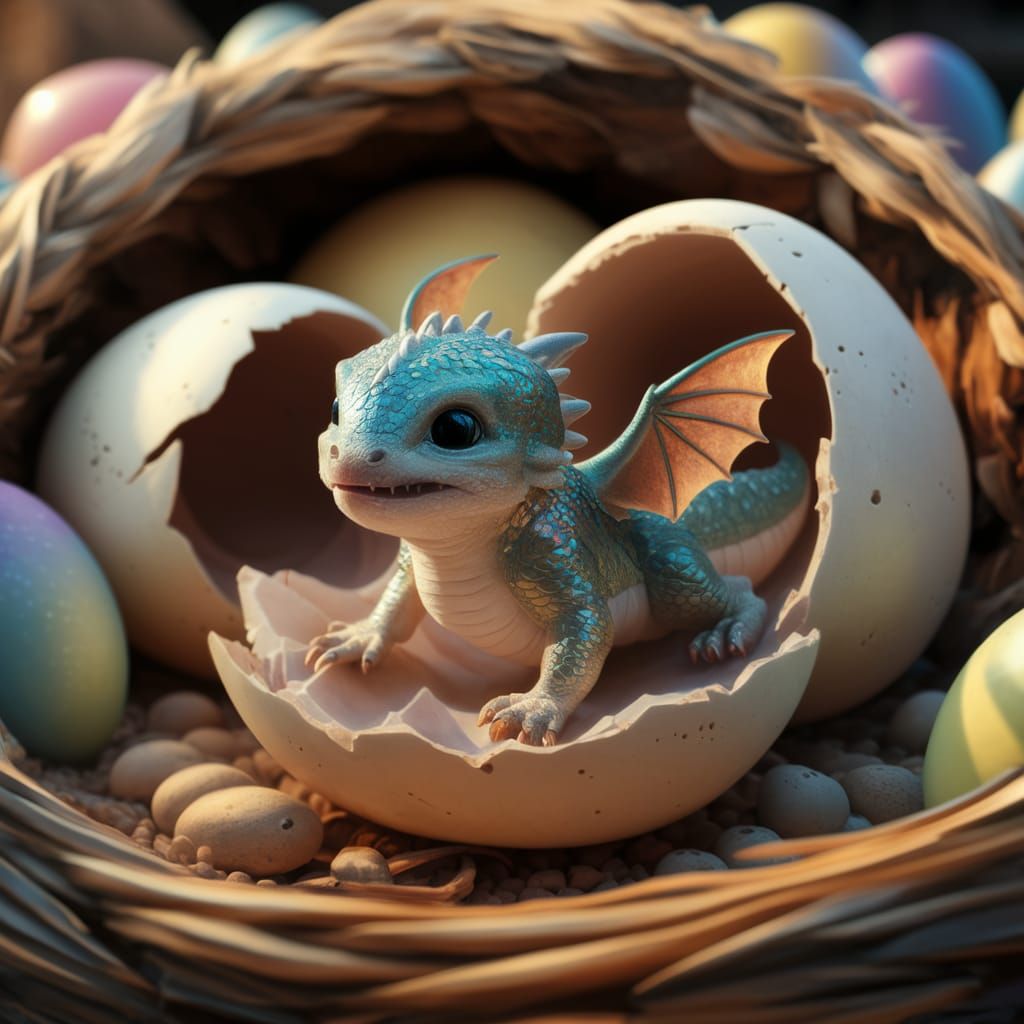 Dragon newborn hatching crawling out of broken egg. The drag...