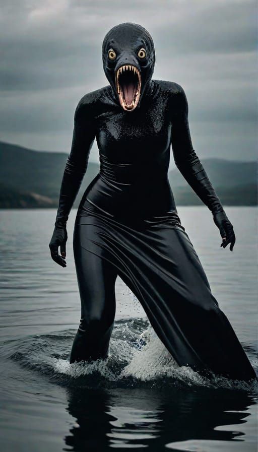 Very scary composite photographic horror art creation of a humanoid anglerfish sea monster woman hybrid creature with ve...