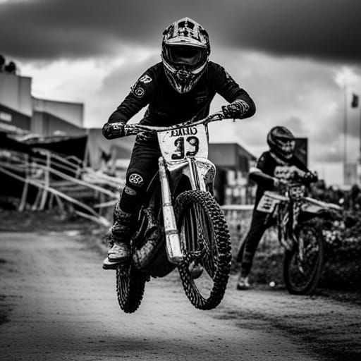 Dirt bike jumping across the finish line for the win
