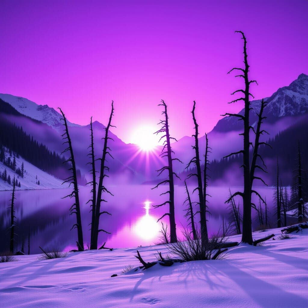 <lora:Purple Haze:1.0> Concept art, medium shot of a magical, vivid purple haze sunrise over a serene snow-covered mountain lake with striki...