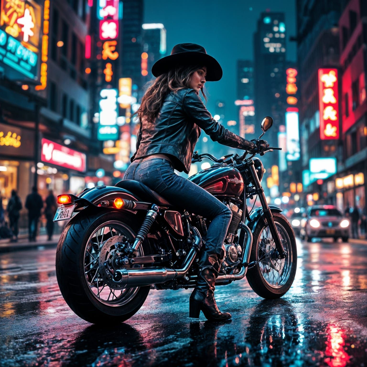 Cyberpunk Woman on Motorcycle in Neon City