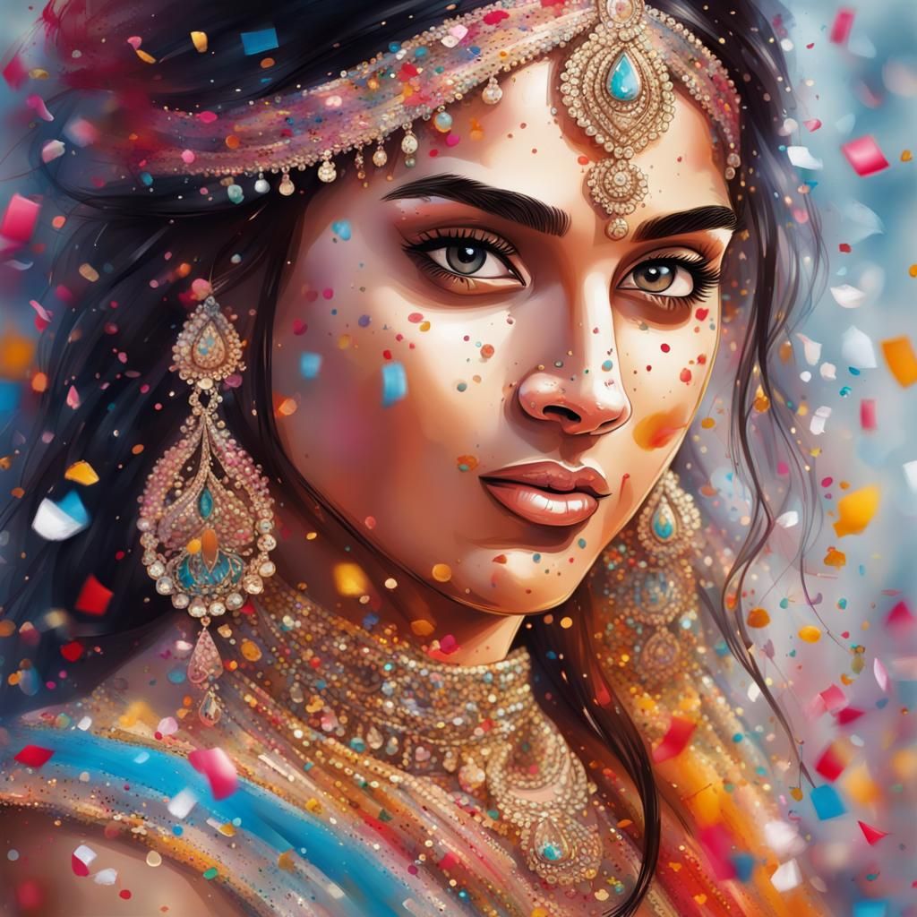 Draw a beautiful Indian princess portrait made of confetti sharp focus throughout dazzling, brilliant ...  by @JACK ANDREASEN