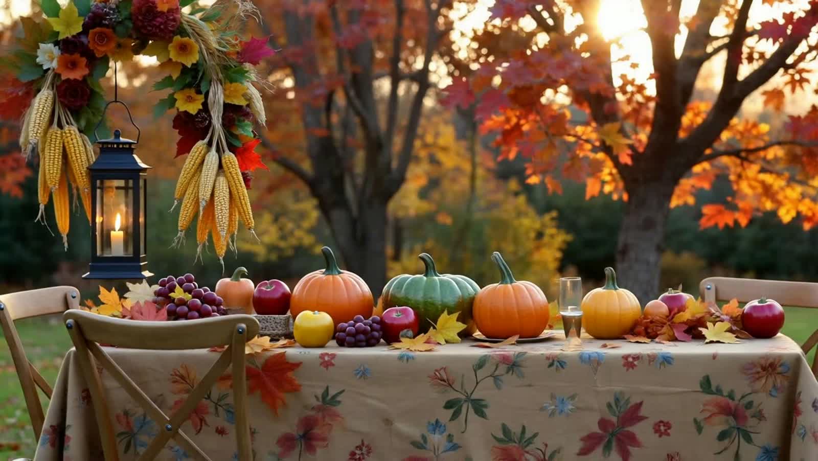 A beautifully detailed festive harvest table set outdoors under the golden autumn sky. The table is covered with rustic ...