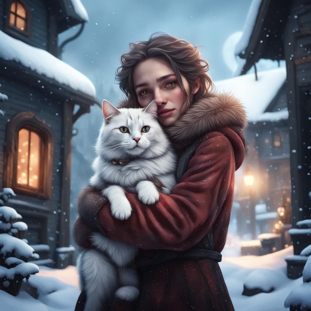 girl hugging her cat in the snow