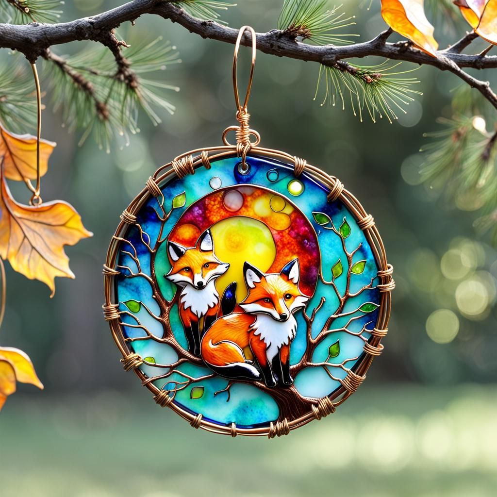 Enamel Sun Jewelry with Ink Foxes