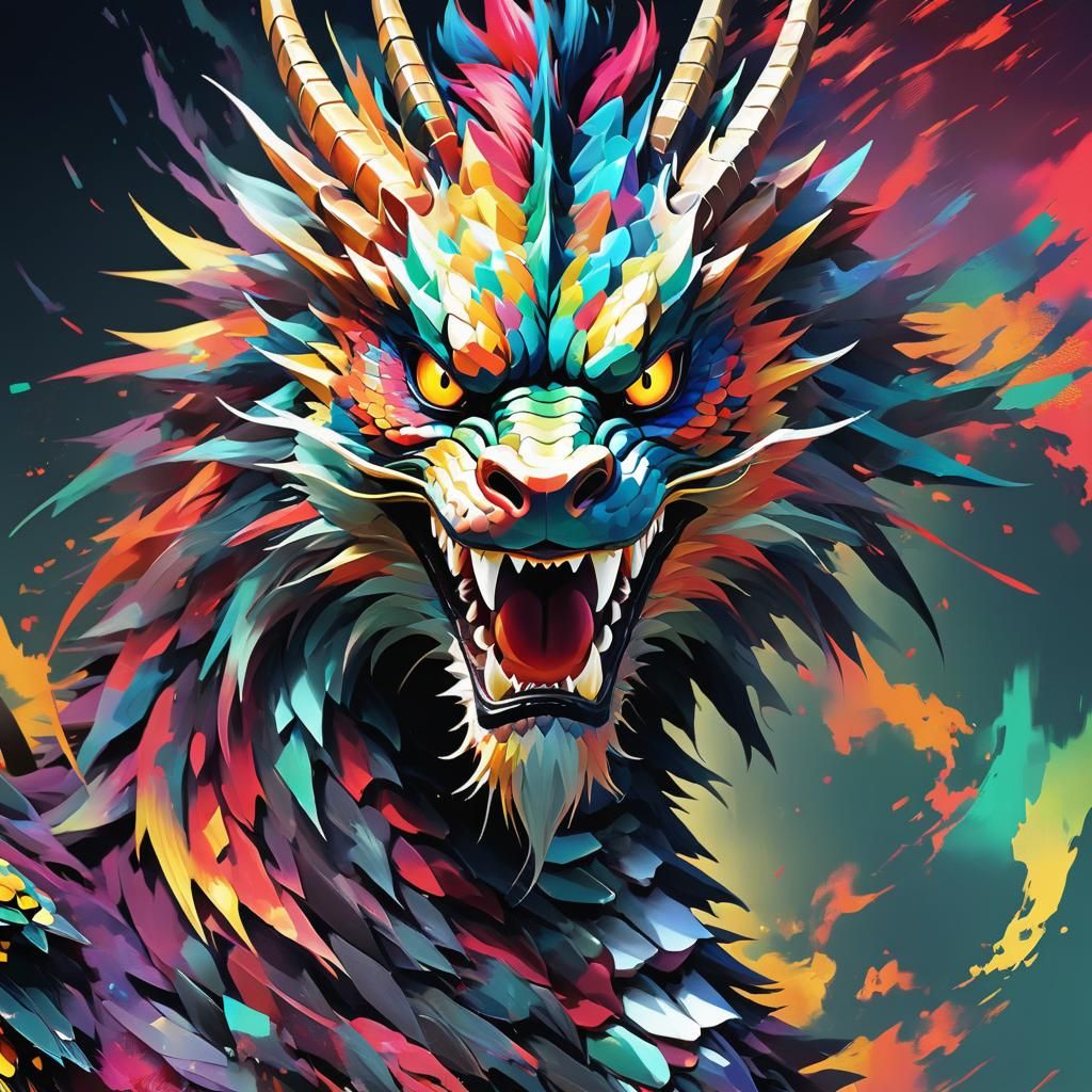 Portrait of a japanese dragon with fragmented, pixelated glitch effects