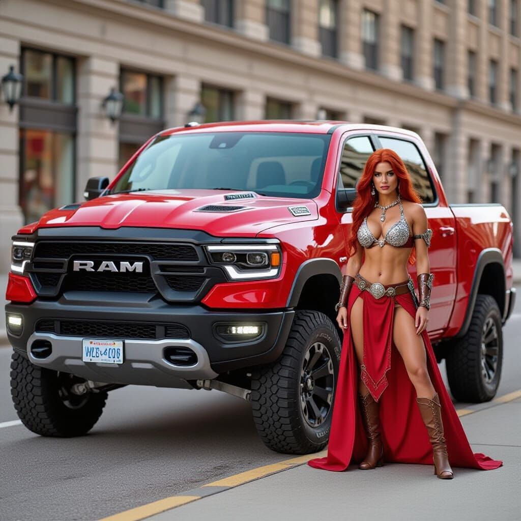 A Red Dodge Ram and on the side stands Red Sonja.