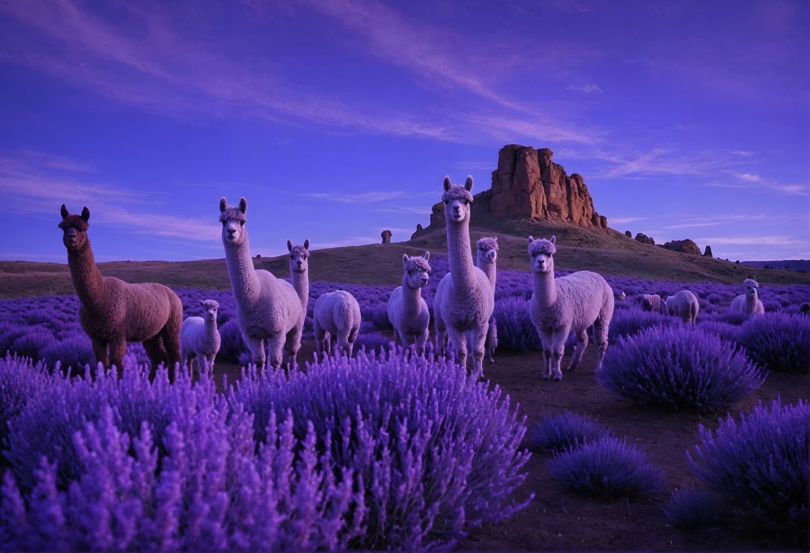 A herd of purple Alpacas in a field of purple sage.