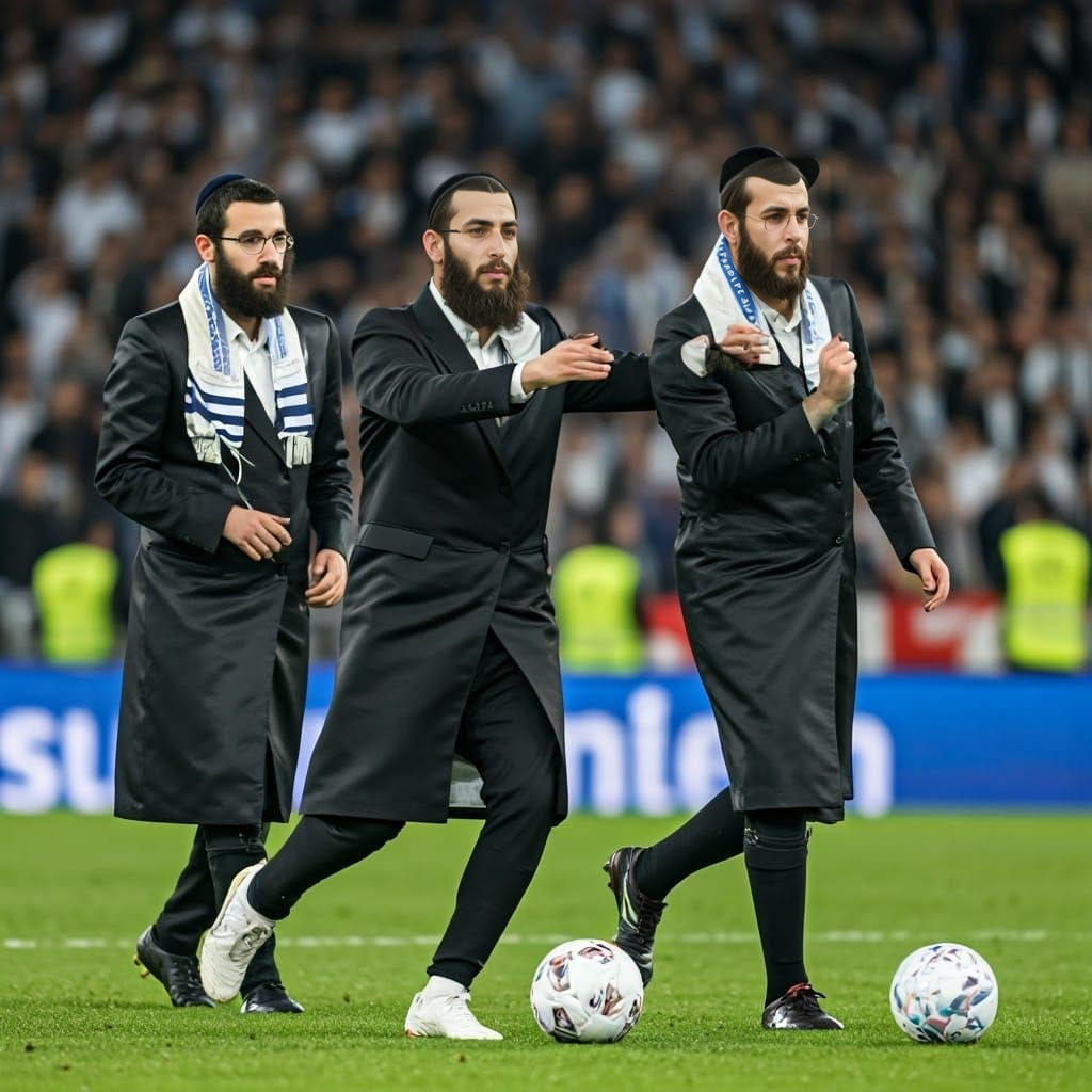 Orthodox Jewish Soccer Match in Traditional Attire