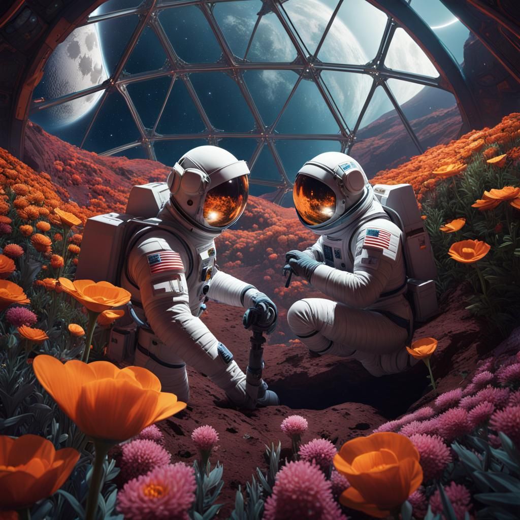 Three men in spacesuits tending to the flowers in a geodesic...