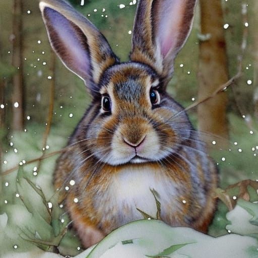 Rabbit in the snowy pine woods  by @Virginia Allain