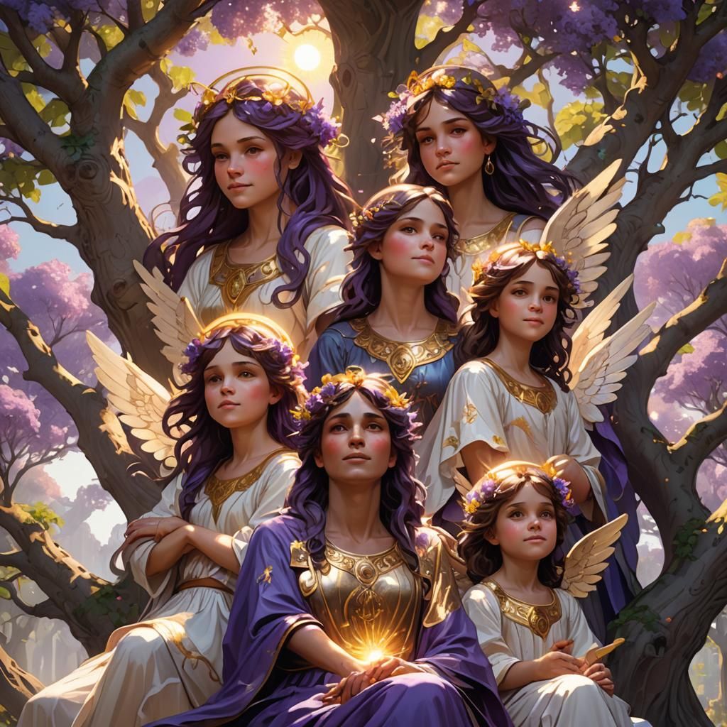 Happy Angels with violet wings sitting under the tree of lif...