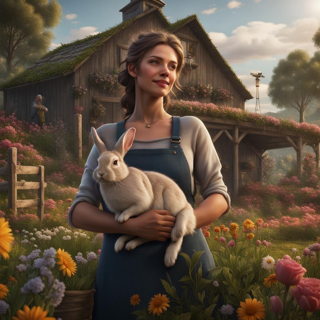 Farm life, happy woman, rabbit, flowers  by @CML