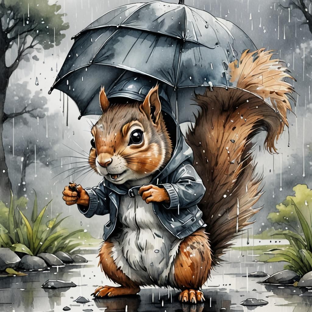funny squirrel under rain