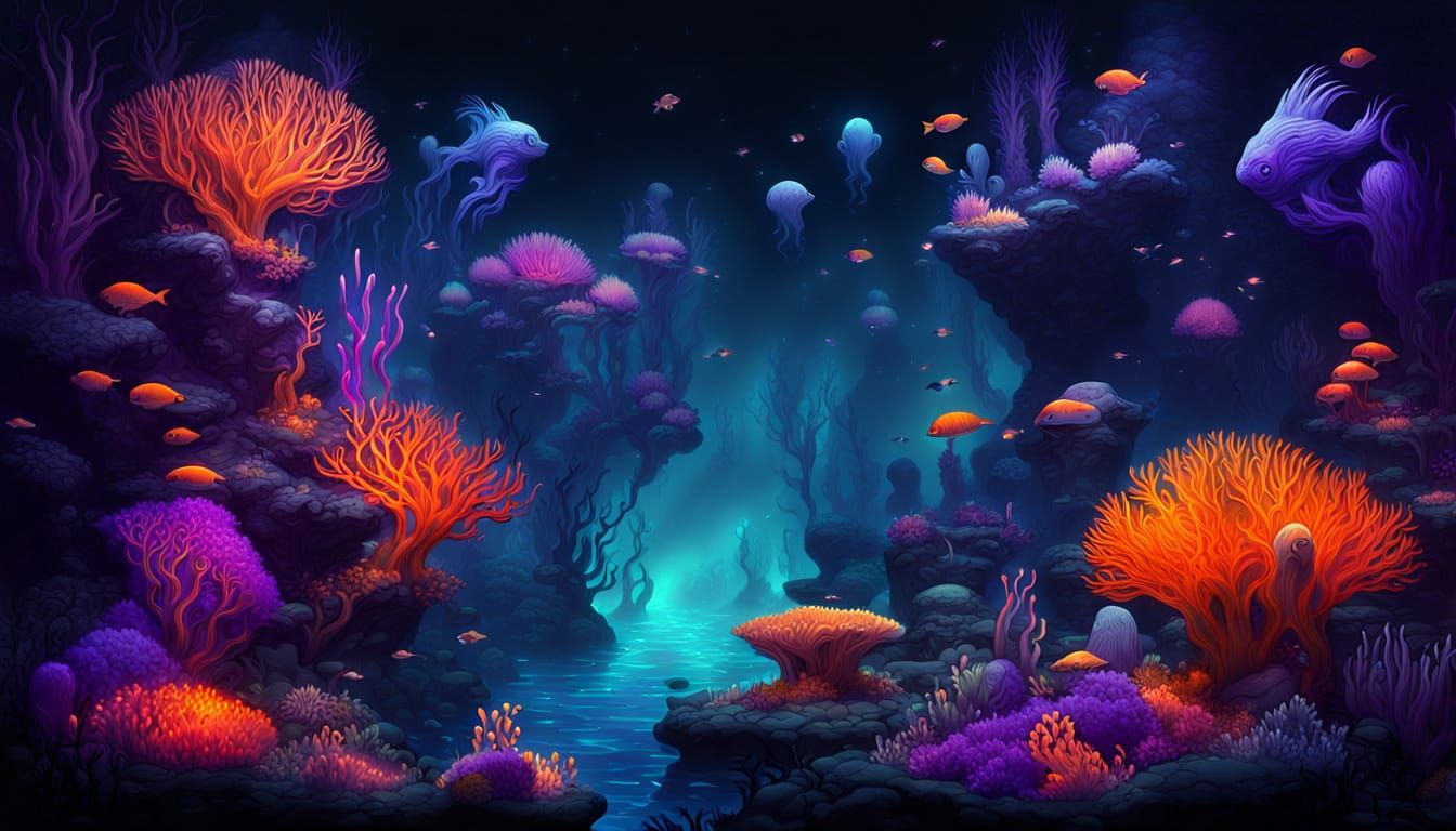 Surrealist view of deep and dark underwater abyss with glowing purple and orange luminescent creatures ...  by @Athanasius