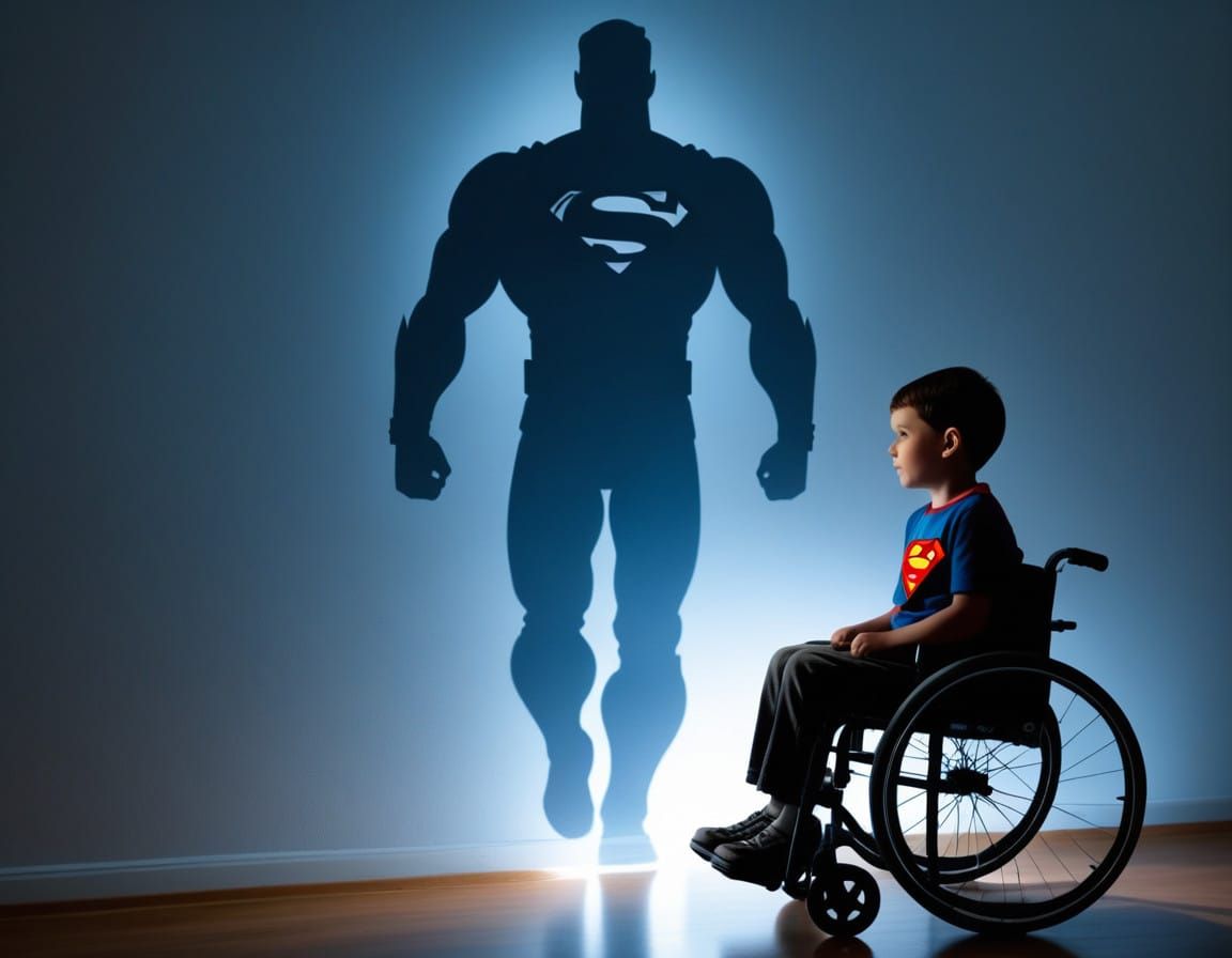 A child in a wheelchair sat near a lamp. His shadow projected onto the wall is the shape of superman. ...  by @rrruss