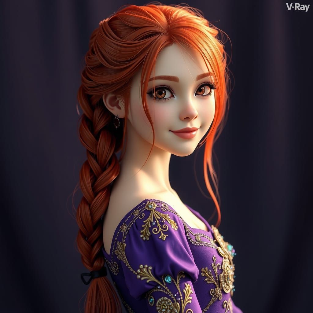Red-Haired Beauty in Regal Purple Gown