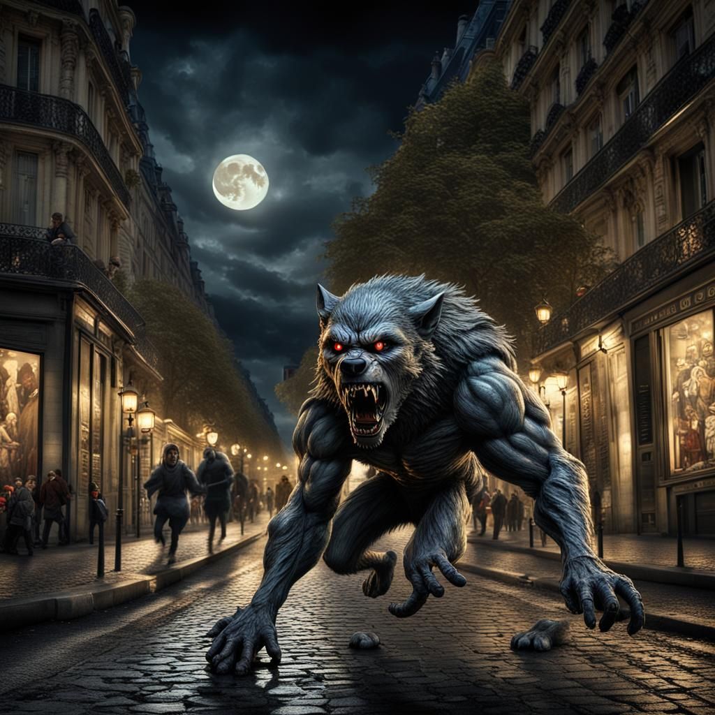 A viscous, angry, menacing werewolf stalks the dim moonlit s...