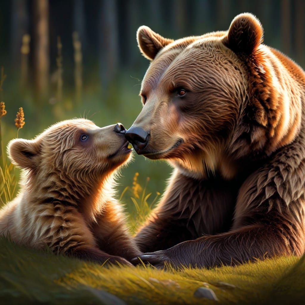 Brown Bear gently licking her adorable cub