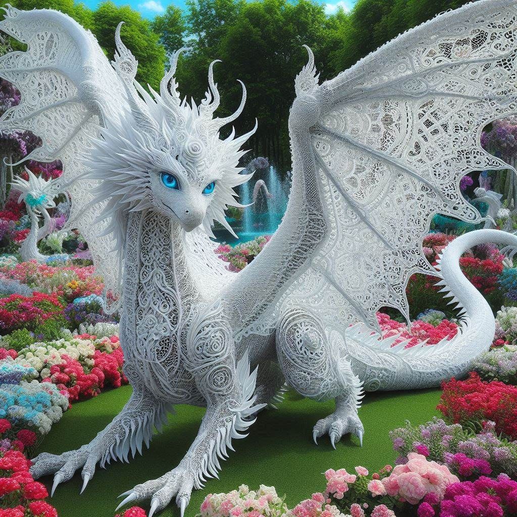 Elegant White Lace Dragon in a flower garden (1)